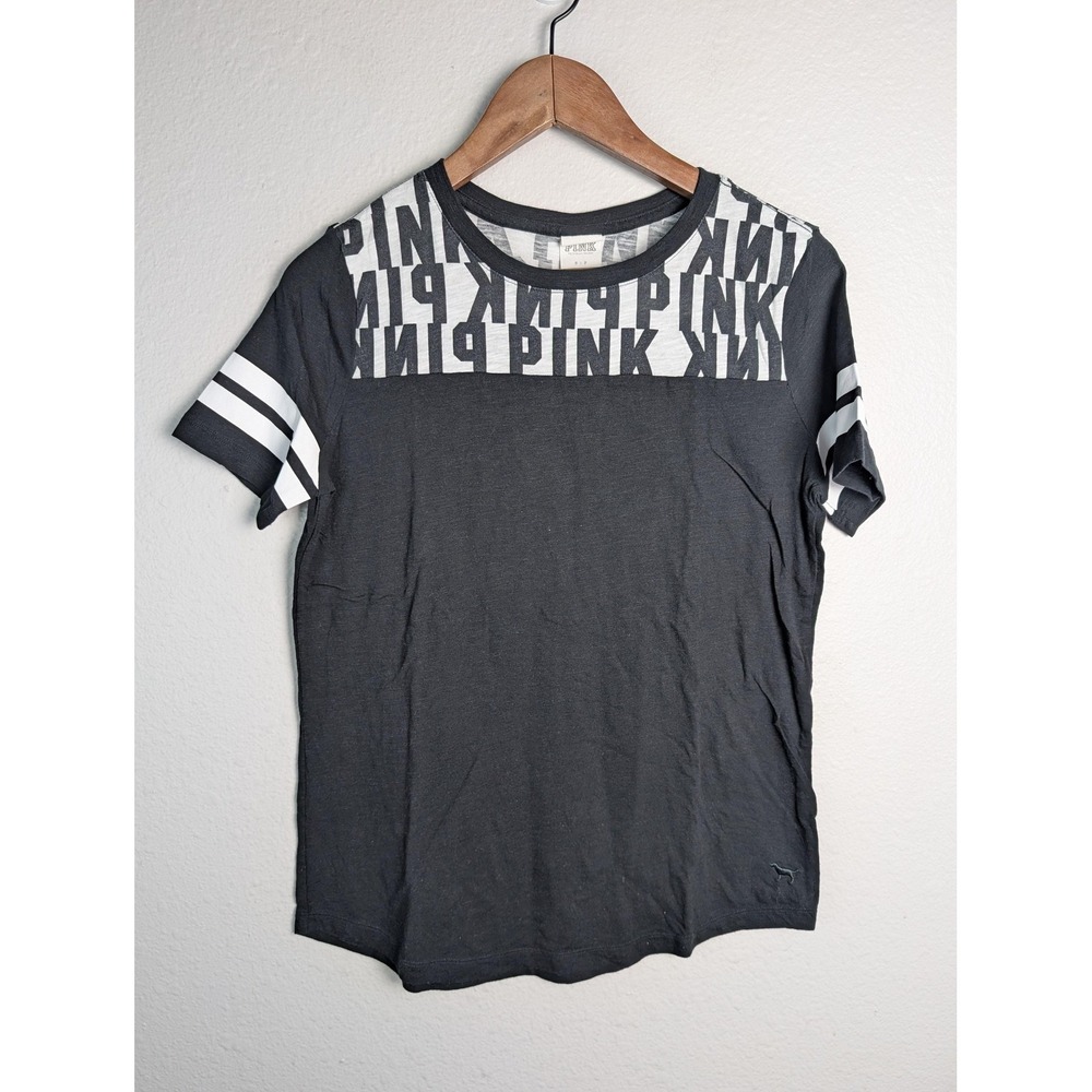 PINK Victoria's Secret T-Shirt Womens S Black Ringer Colorblock Crew Neck Jersey